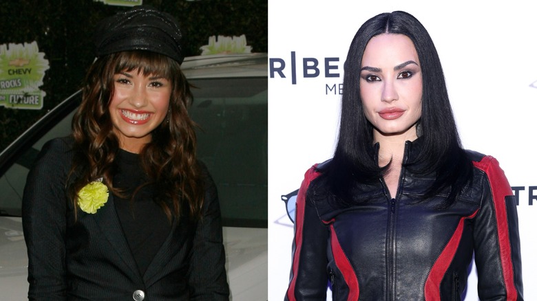 Split image of Demi Lovato with brown hair on the left and black hair on the right