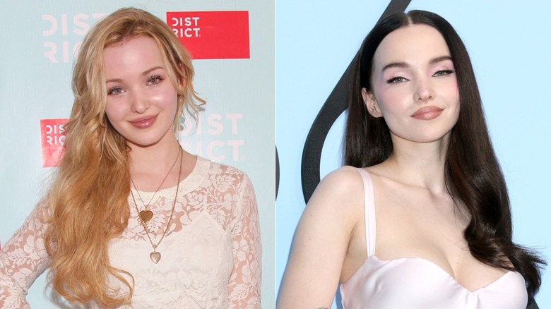 Split image of Dove Cameron with blonde hair on the left and dark brown hair on the right