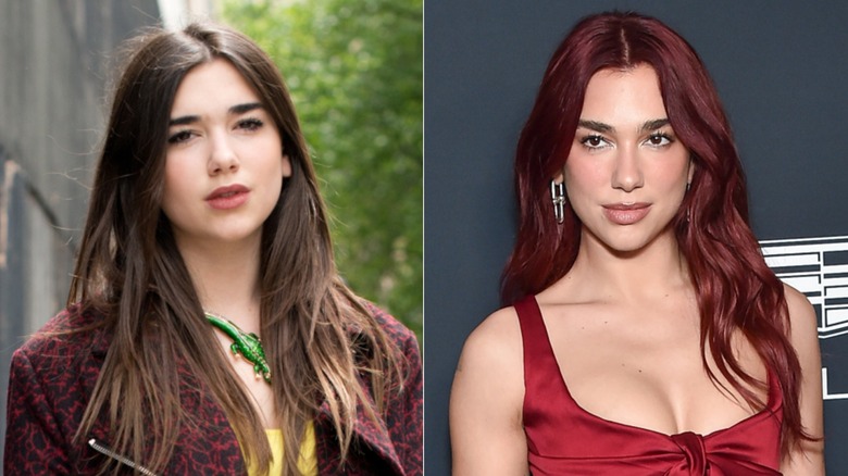 Split image of Dua Lipa with brown hair on the left and dark cherry red hair on the right