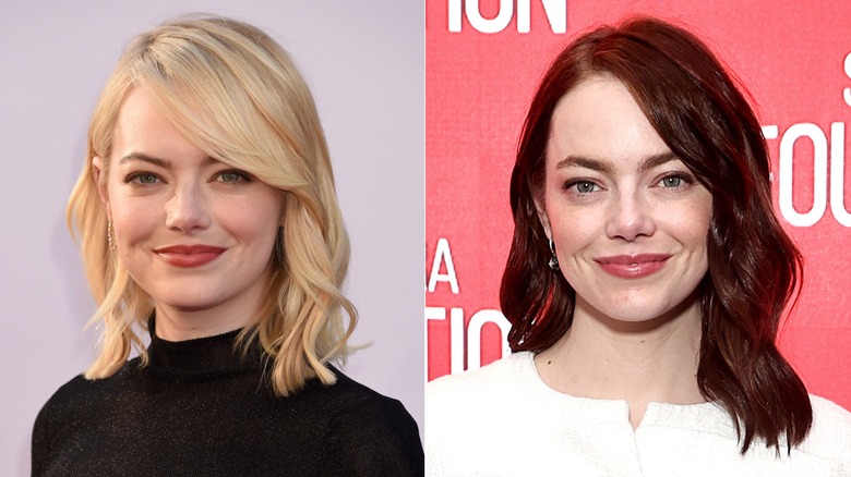Emma Stone with blonde hair on the left; Emma Stone with red hair on the right