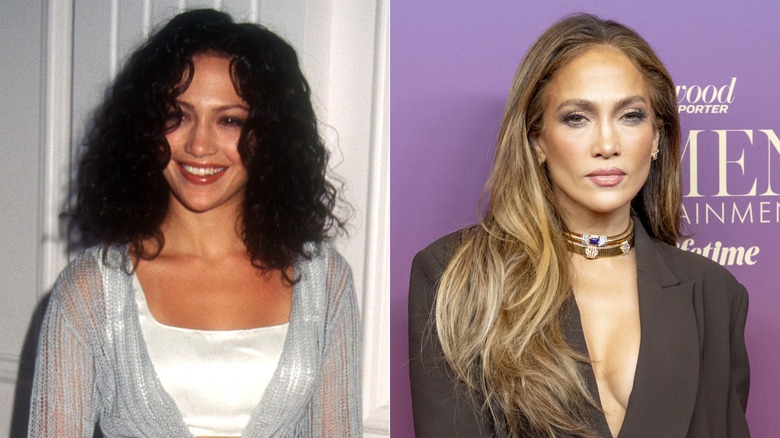 Split image of Jennifer Lopez with dark curly hair on the left and long straight honey blonde hair on the right