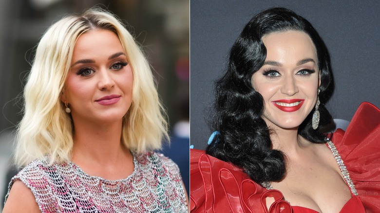 Split image of Katy Perry with blonde hair on the left and black hair on the right