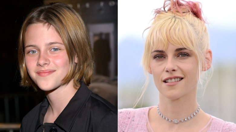 Split image of Kristen Stewart with dirty blonde hair on the left and dyed blonde and pink hair on the right