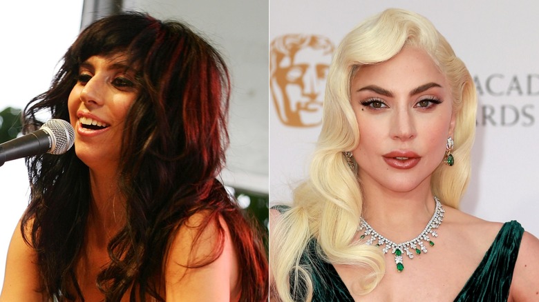 Split image of Lady Gaga with dark brown hair on the left and platinum blonde hair on the right