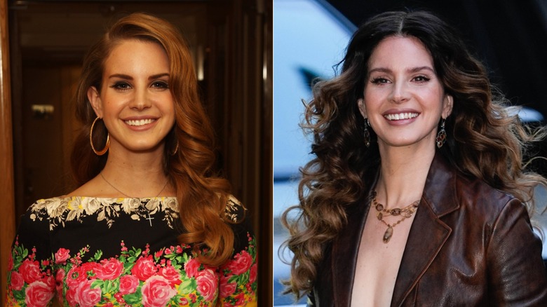 Split image of Lana Del Rey with copper hair on the left and dark brown hair on the right