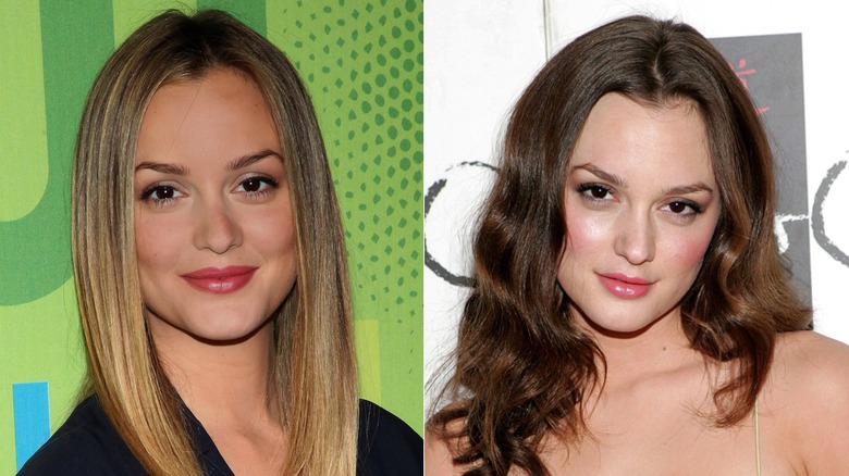 Split image of Leighton Meester with blonde hair on the left and brown hair on the right