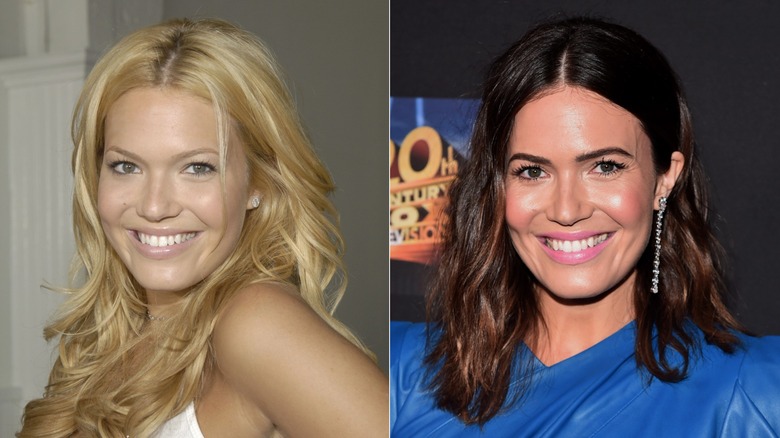 Split image of Mandy Moore with blonde hair on the left and brown hair on the right