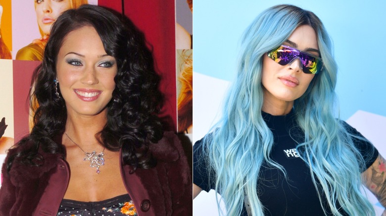 Split image of Megan Fox with black hair on the left and blue hair on the right