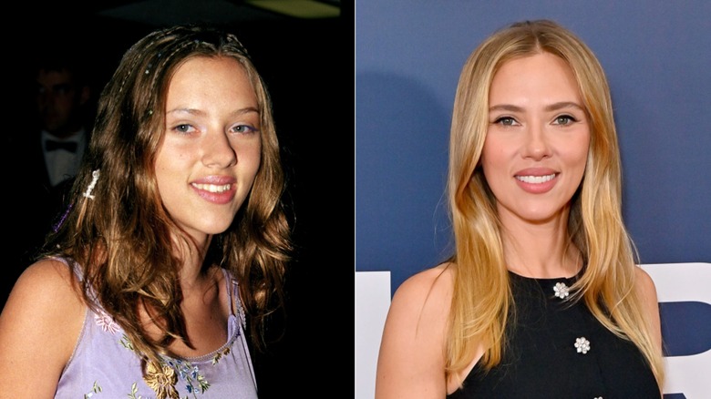Split image of Scarlett Johansson with brown hair on the left and blonde hair on the right