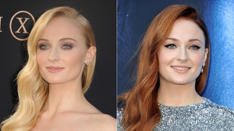 Split image of Sophie Turner with blonde hair on the left and red hair on the right