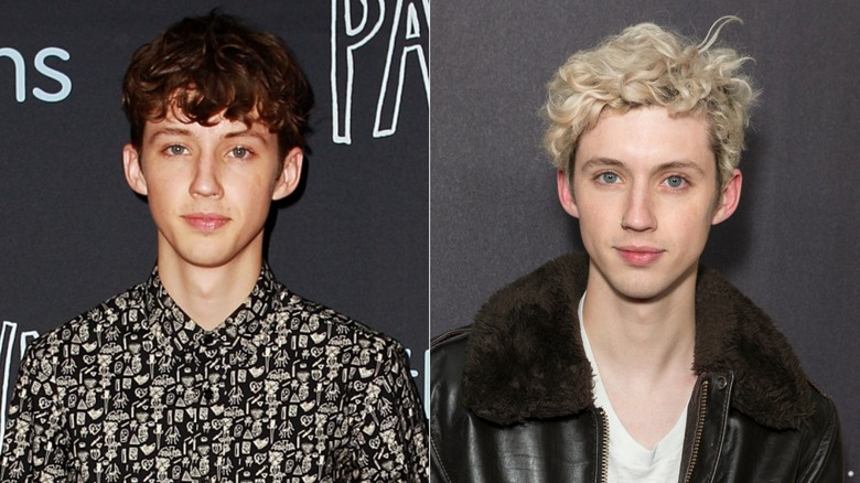 Split image of Troye Sivan with brown hair on the left and blond hair on the right