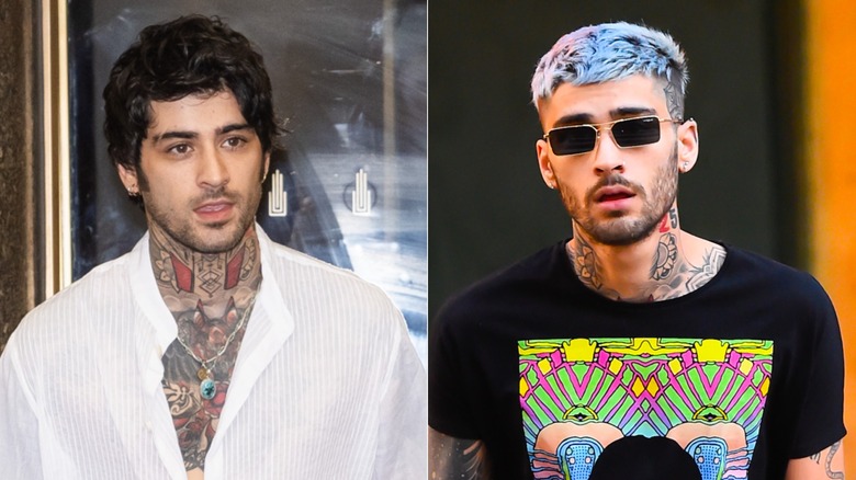 Split image of Zayn Malik with black hair on the left and frosted blue hair on the right