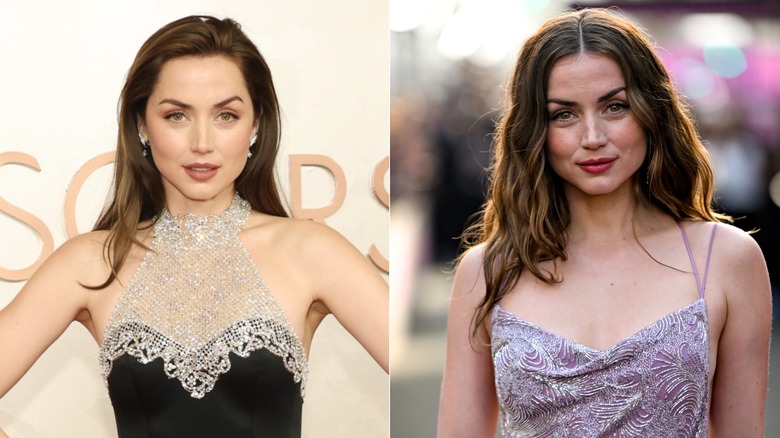 Ana de Armas in a halter dress and later in a purple dress at two events
