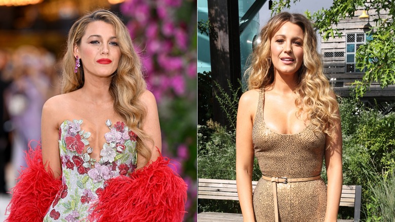 Blake Lively in a floral gown and later in a gold jumpsuit at two different events