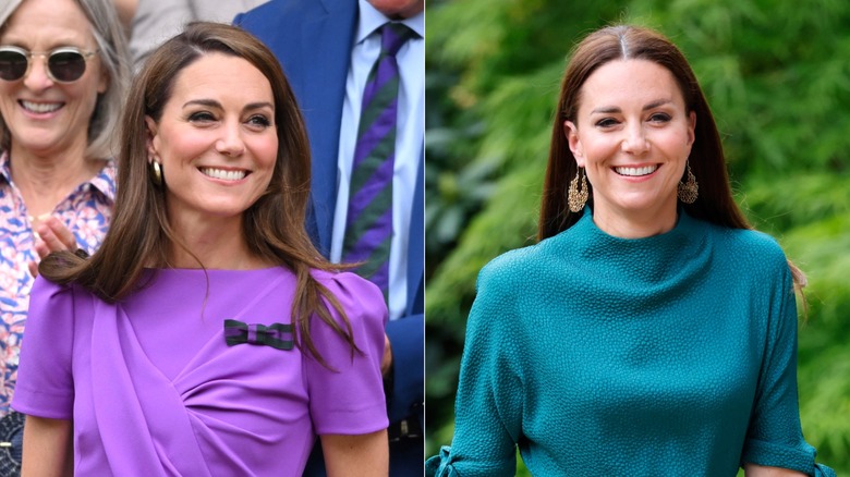 Kate Middleton in purple at Wimbledon and later in a green dress at an event