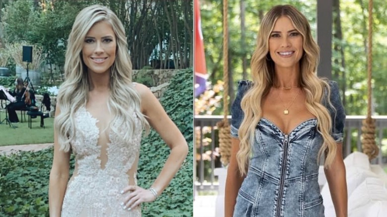 Christina Haack at a wedding and later on a porch in a denim dress