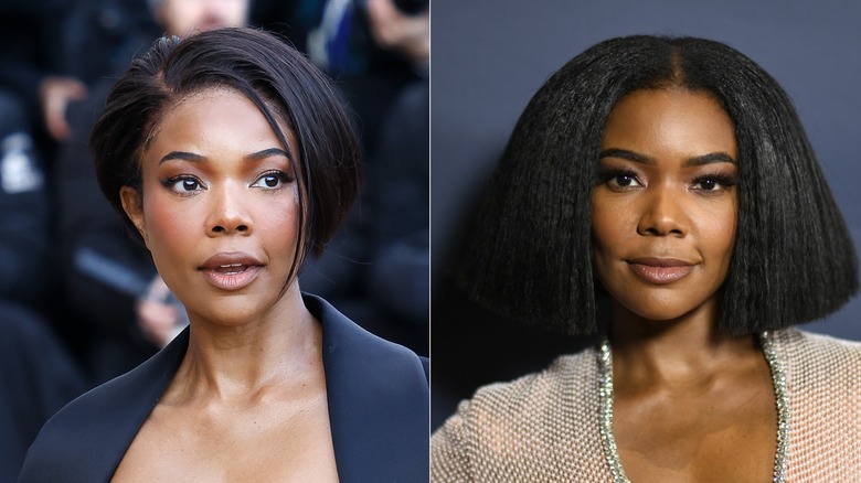 Gabrielle Union with her hair in a side part in a black jacket and later in a middle part wearing a white shirt