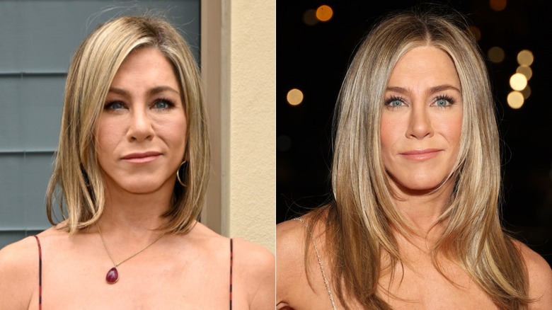 Jennifer Aniston in a red dress and later in a strapless sparkle dress at two events
