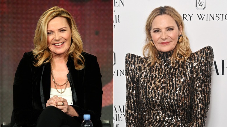 Kim Cattrall on stage in a black jacket an later at an event with elaborate shoulder pads