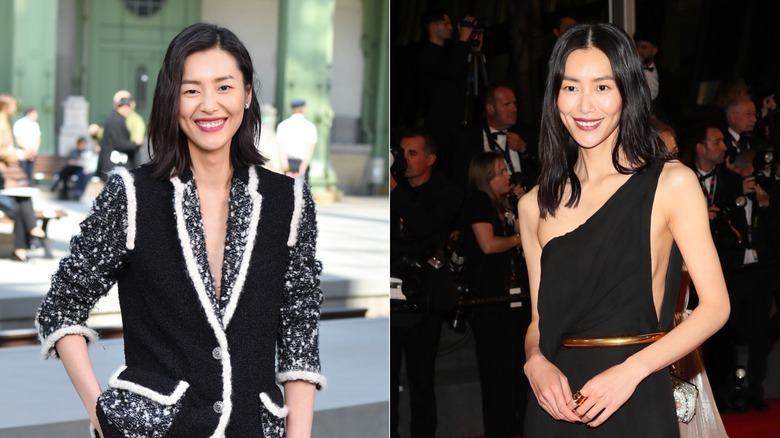 Liu Wen in a black and white blazer and later in a one shoulder gown at two events