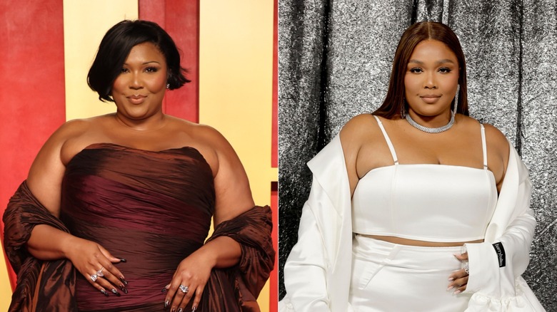 Lizzo in a brown strapless gown and later in a white tank top at two separate events