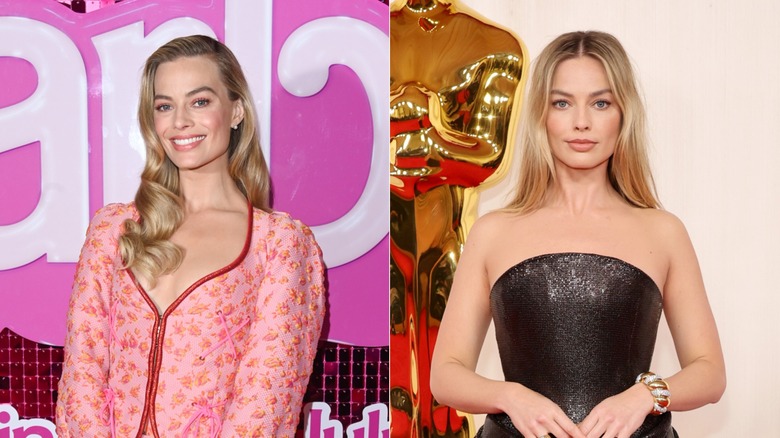 Margot Robbie in a pink jacket and later in a brown, strapless dress at two events