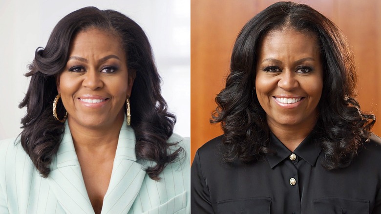 Michelle Obama in a teal blazer and later in a black blazer