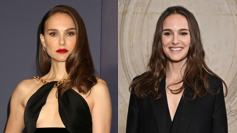 Natalie Portman in a black strappy dress and later in a black blazer
