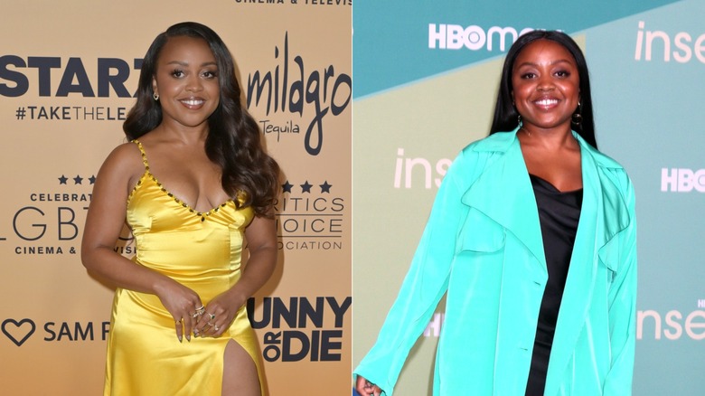 Quinta Brunson in a yellow dress and later in a turquoise coat
