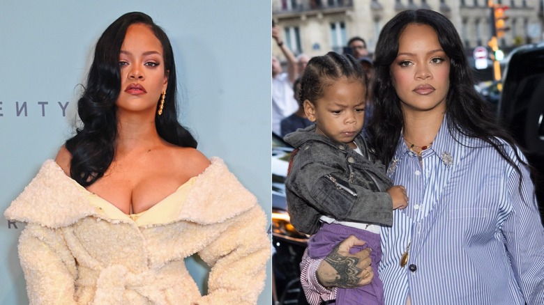 Rihanna at an event with a white robe on and later carrying her child outside