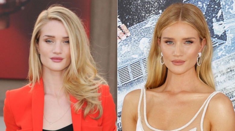 Rosie Huntington-Whiteley in a red blazer and black top and later in a sheer white dress