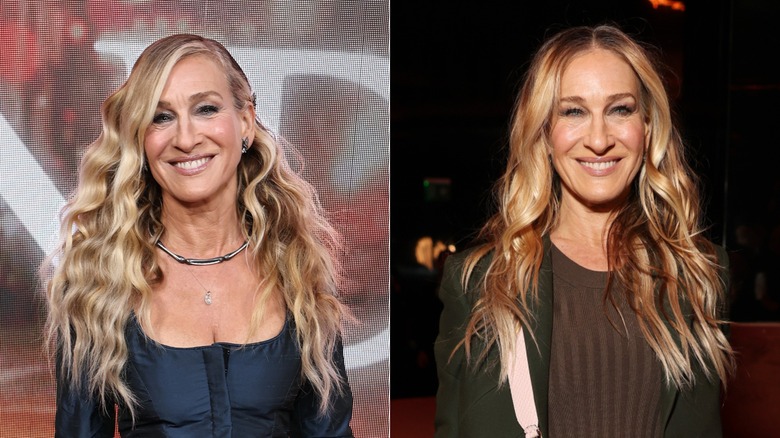 Sarah Jessica Parker in a navy scoop neck top and later in a brown top and green blazer