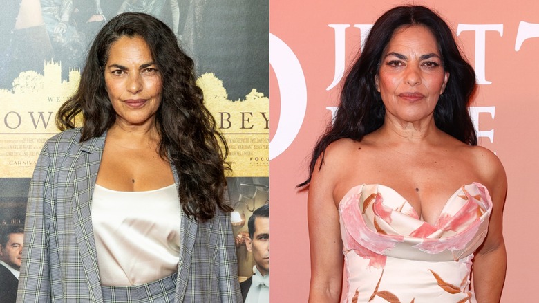Sarita Choudhury in a grey jacket and later in a floral strapless dress