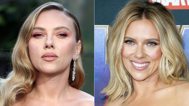 Scarlett Johansson with side swept curls and later, with a middle part
