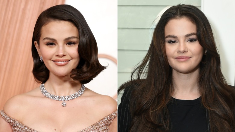 Selena Gomez in a cream tank top dress and later in a black blazer