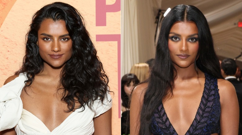 Simone Ashley at two different events, one with a side part and one with a middle part
