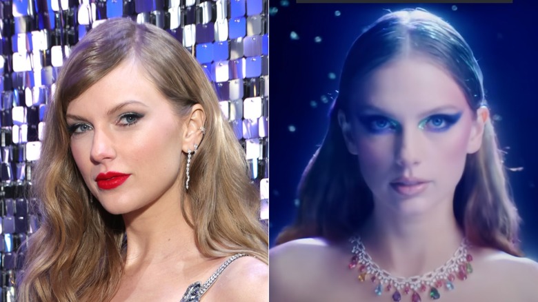 Taylor Swift in a silver dress and later in her music video Bejeweled