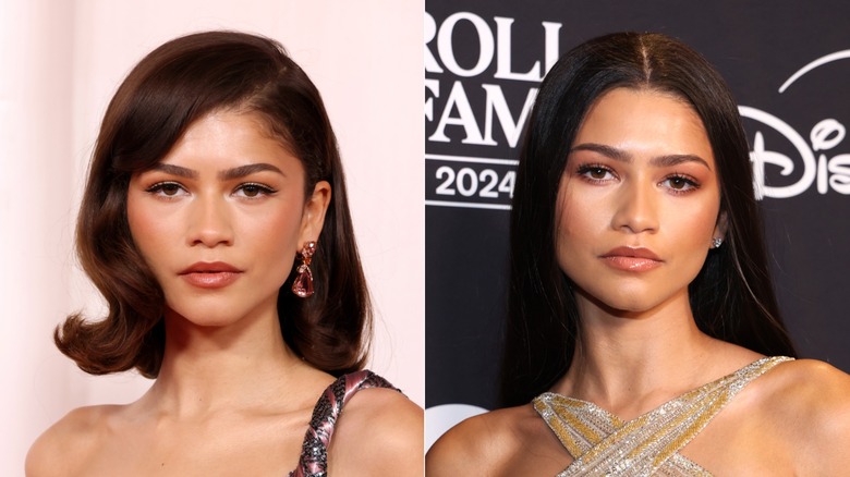 Zendaya wearing purple earrings and later a gold dress