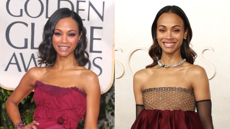 Zoë Saldaña in a strapless burgundy gown and later in a sparkly sheer strapless gown
