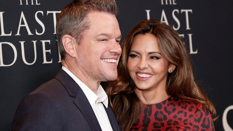 Matt Damon and Luciana Baroso at "The Last Duel" premiere