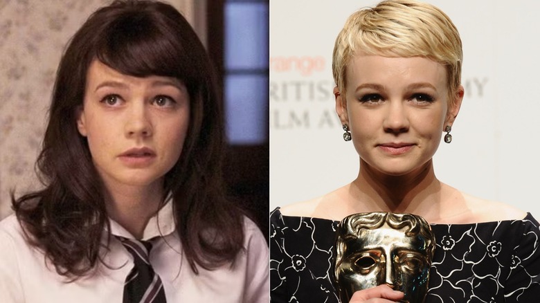 A split image showing Carey Mulligan with long hair in the movie An Education next to Carey Mulligan with short hair at the 2010 BAFTAs