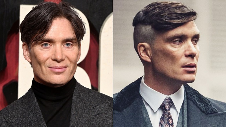 Two photos of Cillian Murphy. One shows the actor with his normal haircut. The other shows off his Peaky Blinders hair.