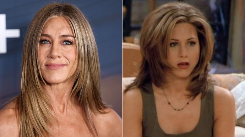 Two photos of Jennifer Aniston. One shows how she looks in 2026 with long hair. The other shows her in season 2 of Friends with "The Rachel."