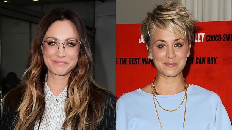 Two photos of Kaley Cuoco. The first shows her with long hair. The second is Cuoco with her pixie haircut.