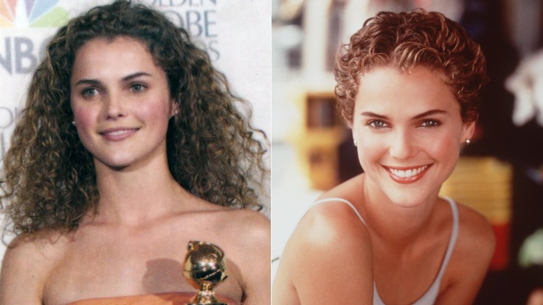 Two photos of Keri Russell. The first is how the actor looked in the first season of Felicity with her long curly hair. The second is a photo after she cut her hair off for the show's second season.