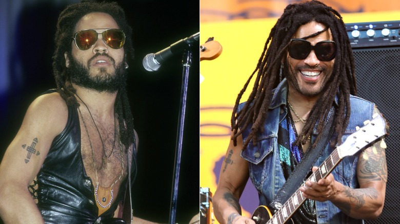 Split image of Lenny Kravitz performing in 1992 and 2025