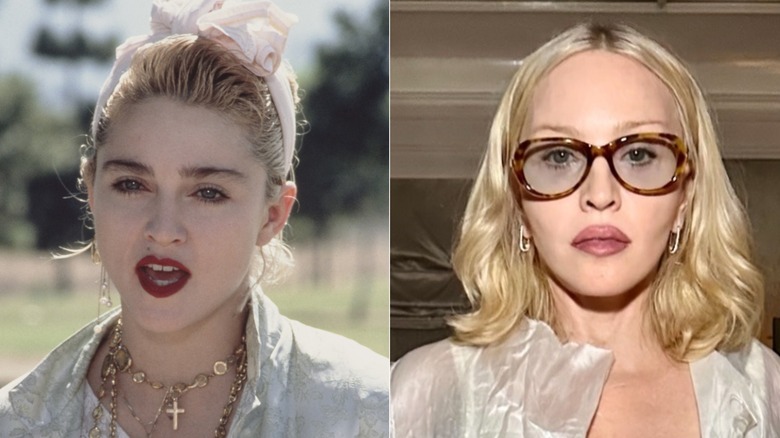 Split image of Madonna in 1985 and 2025