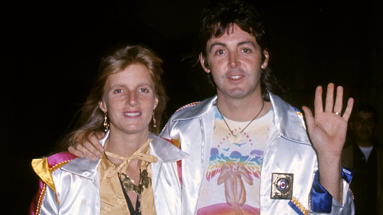 Linda and Paul McCartney in matching white jackets