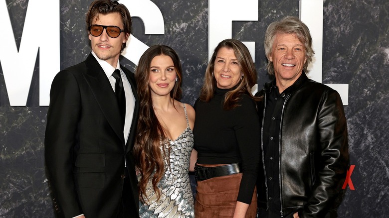Jake Bongiovi, Millie Bobby Brown, Dorothea Hurley, and Jon Bon Jovi attending the Damsel world premiere.