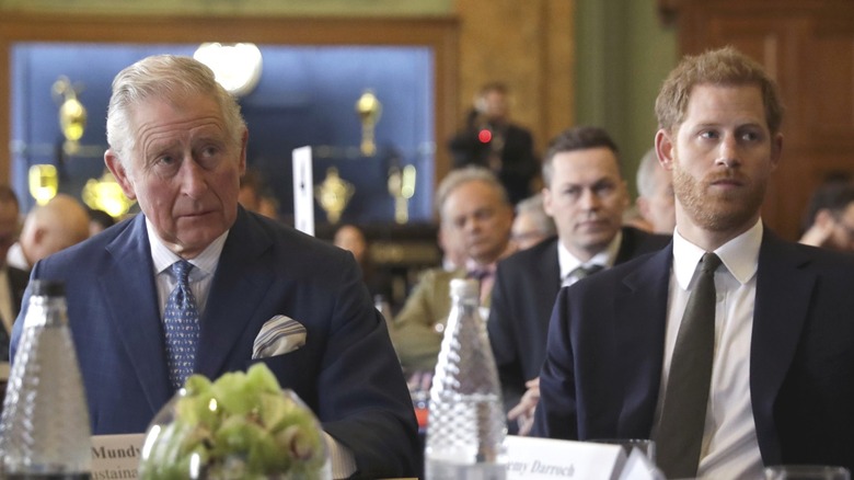 King Charles III and Prince Harry face away from each other as they sit at the same table